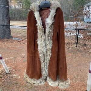 Vintage 100% Leather Chestnut Cape with Fur Trim